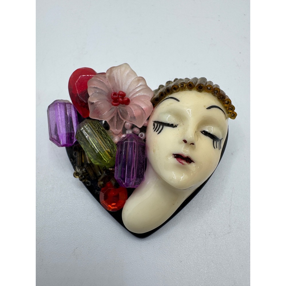 Vintage Heart Brooch Woman Face Flower Beads Resin Statement Pin Multicolor